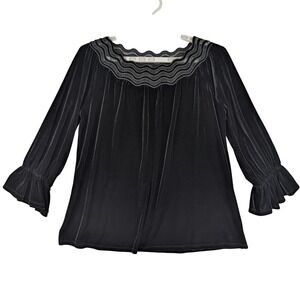 Rafaella Black Velvety Velour Lace Neckline Bell Sleeve Women's Top Size L